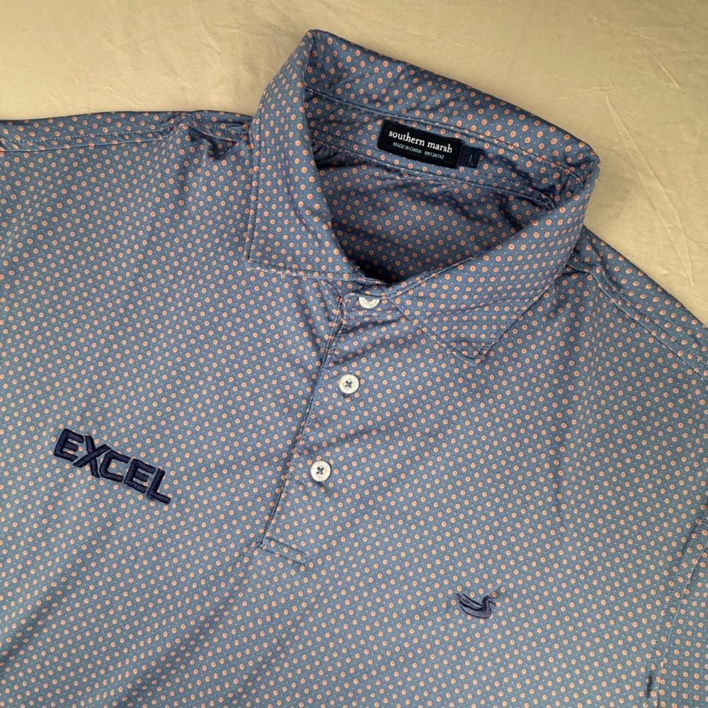 Southern Marsh Polo Shirt Excel Performance Mens L Blue Orange Micro Dot Stretch